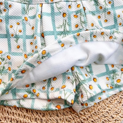 Conj. Blusa de Linho Margaridas e Short Saia - Areia e Verde